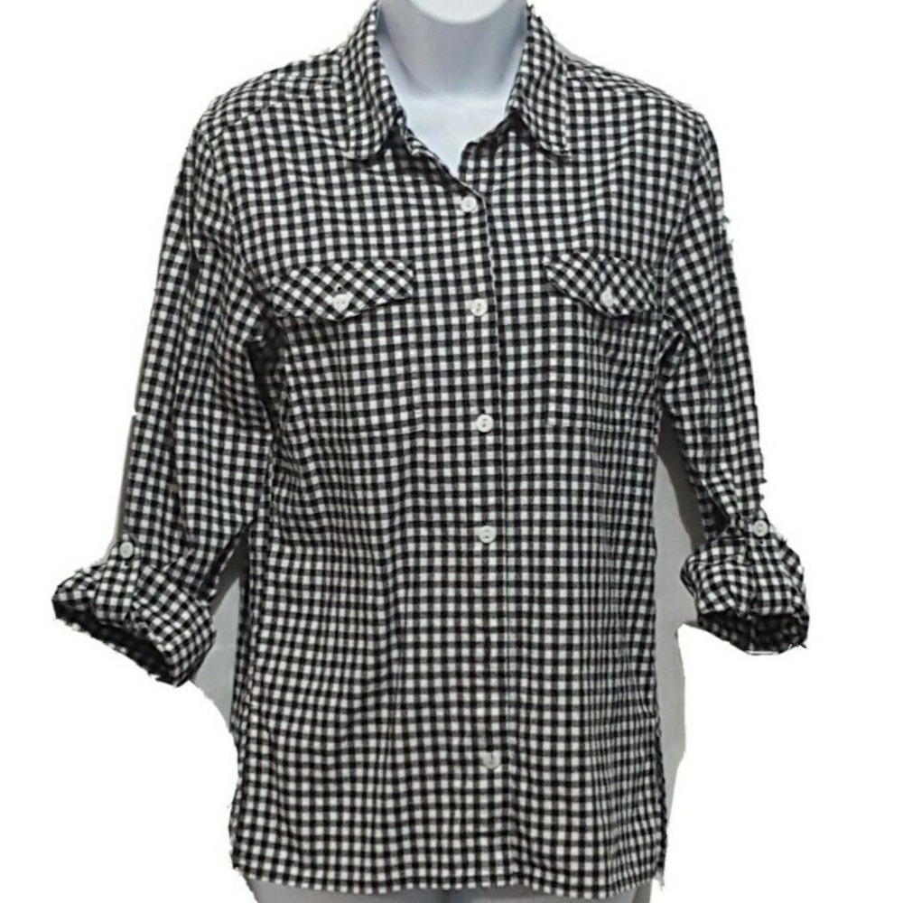 Chico's 0 Blouse Top Women US XS Black White Gingham Roll Tab Sleeve 100% Cotton